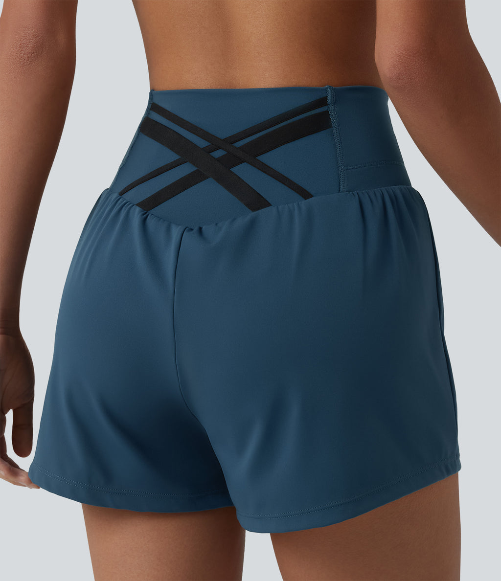 Airy High Waisted Crossover Back 2-in-1 InstantCool Yoga Shorts with Pocket — Majolica Blue — view 6