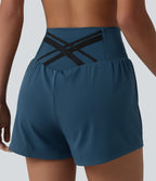 Airy High Waisted Crossover Back 2-in-1 InstantCool Yoga Shorts with Pocket — Majolica Blue — view 6