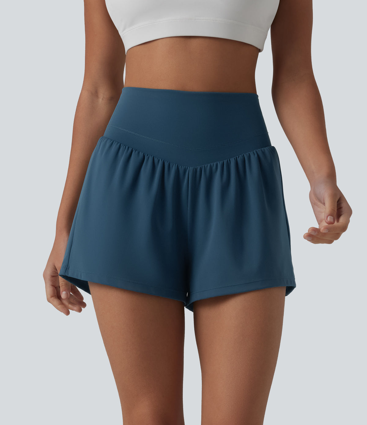 Airy High Waisted Crossover Back 2-in-1 InstantCool Yoga Shorts with Pocket — Majolica Blue — view 3