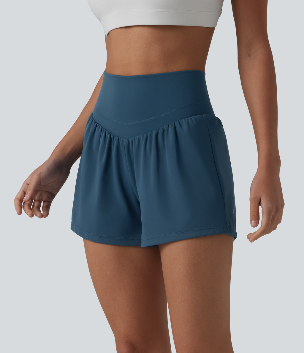 Airy High Waisted Crossover Back 2-in-1 InstantCool Yoga Shorts with Pocket — Majolica Blue — view 4