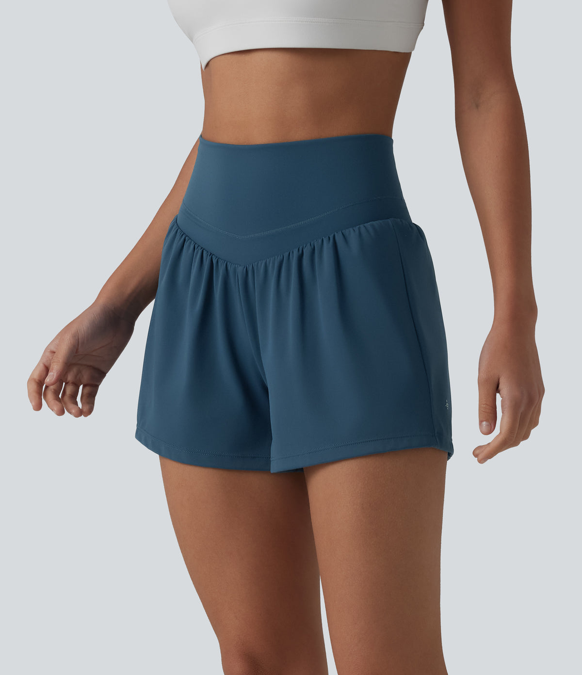 Airy High Waisted Crossover Back 2-in-1 InstantCool Yoga Shorts with Pocket — Majolica Blue — view 4