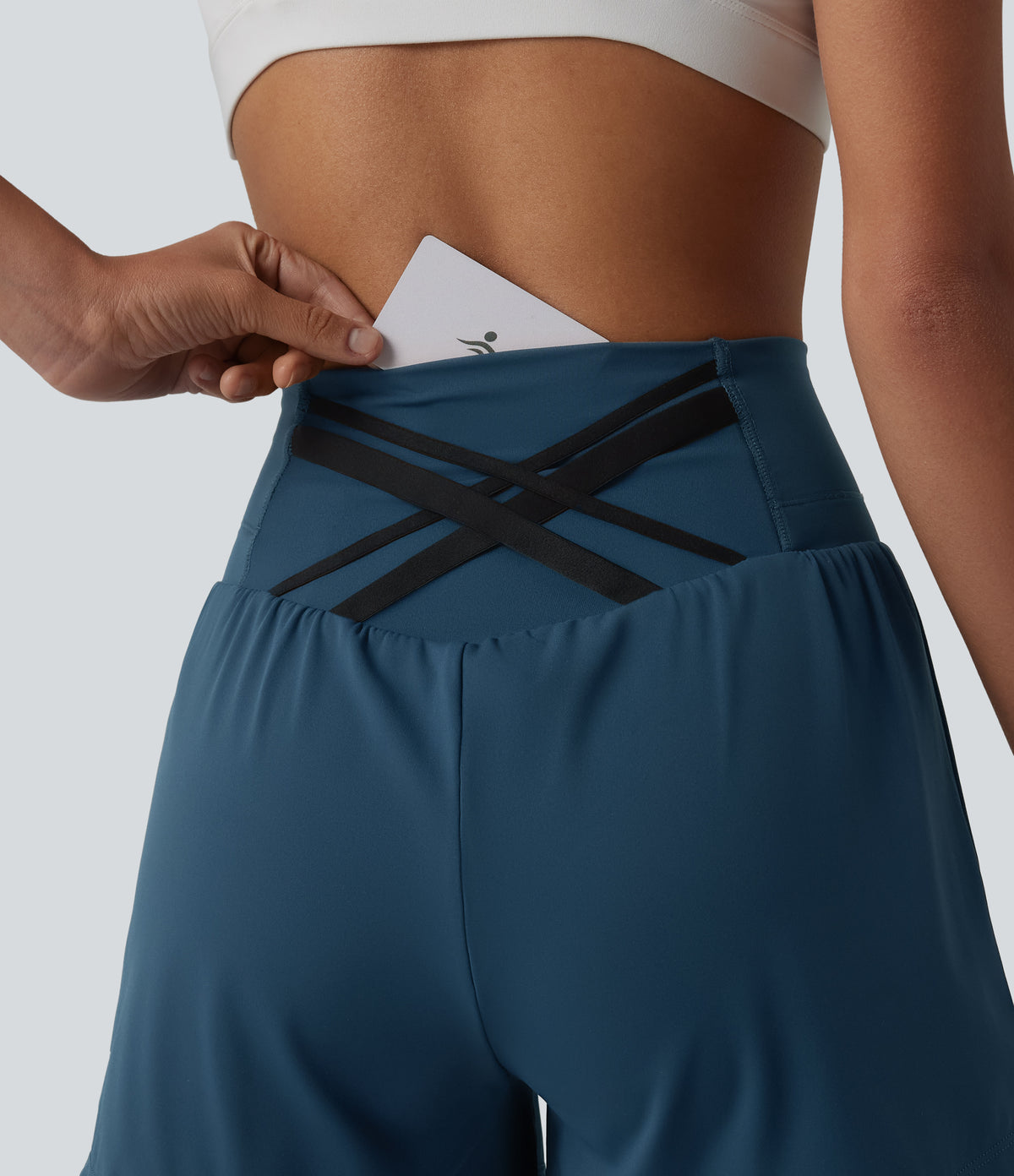 Airy High Waisted Crossover Back 2-in-1 InstantCool Yoga Shorts with Pocket — Majolica Blue — view 5