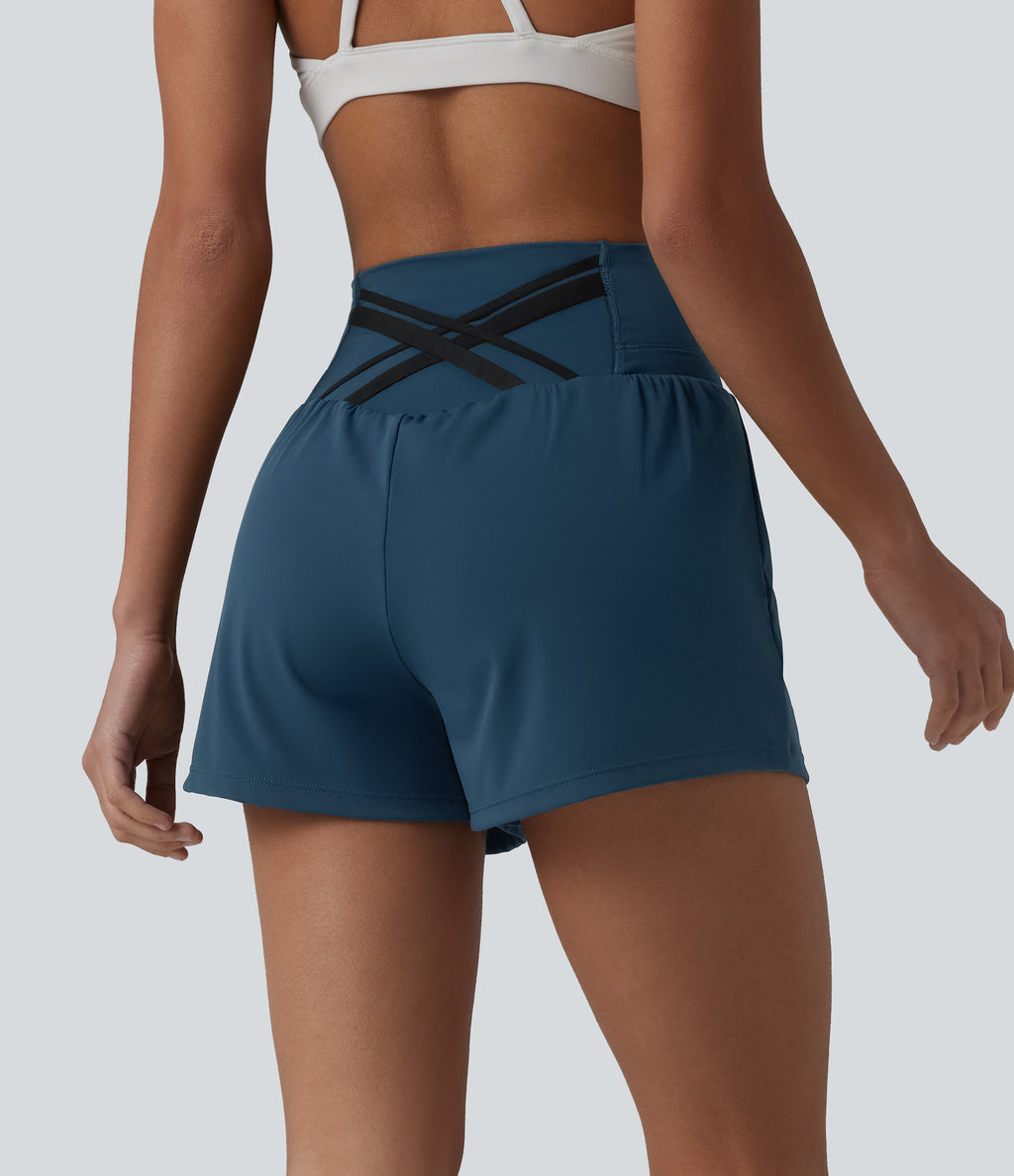 Airy High Waisted Crossover Back 2-in-1 InstantCool Yoga Shorts with Pocket — Majolica Blue — view 2