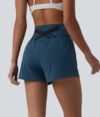 Airy High Waisted Crossover Back 2-in-1 InstantCool Yoga Shorts with Pocket — Majolica Blue — view 2