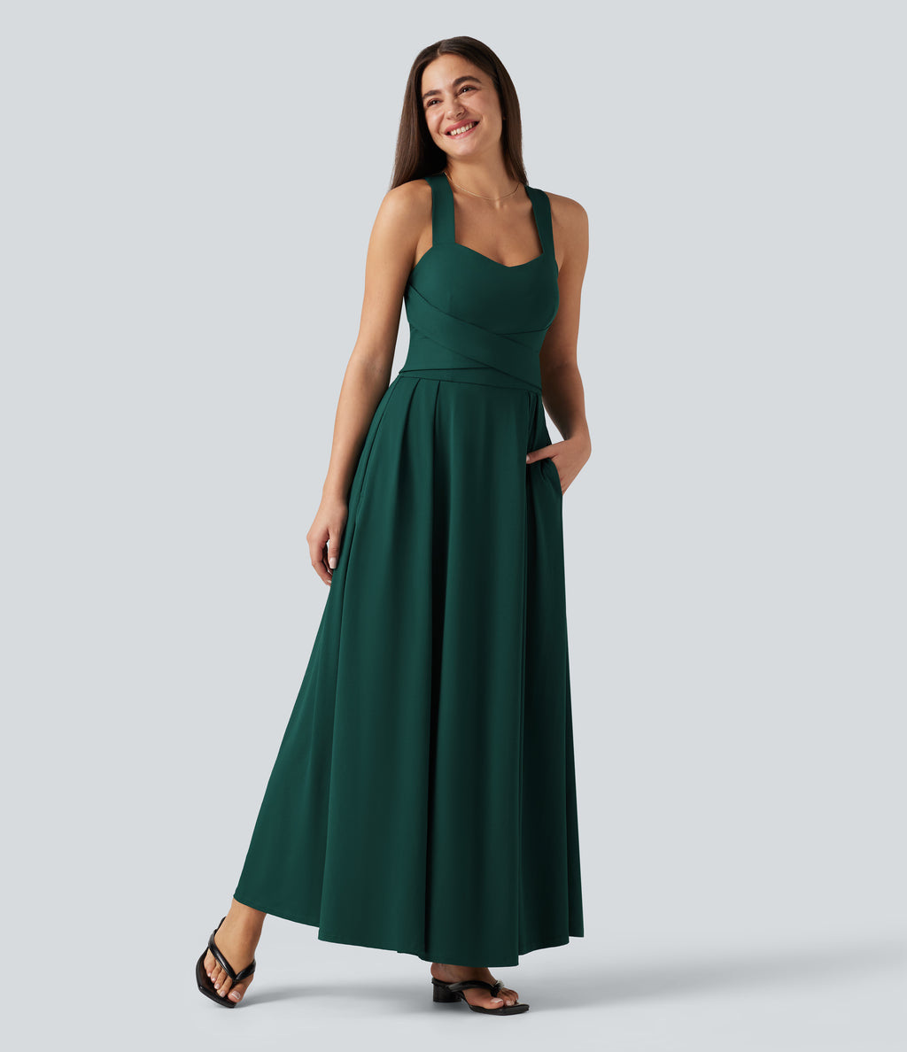 Sweetheart Neck Sleeveless Crisscross Tie-back Maxi Casual Flowy Dress with Pockets — Rain Forest — view 7