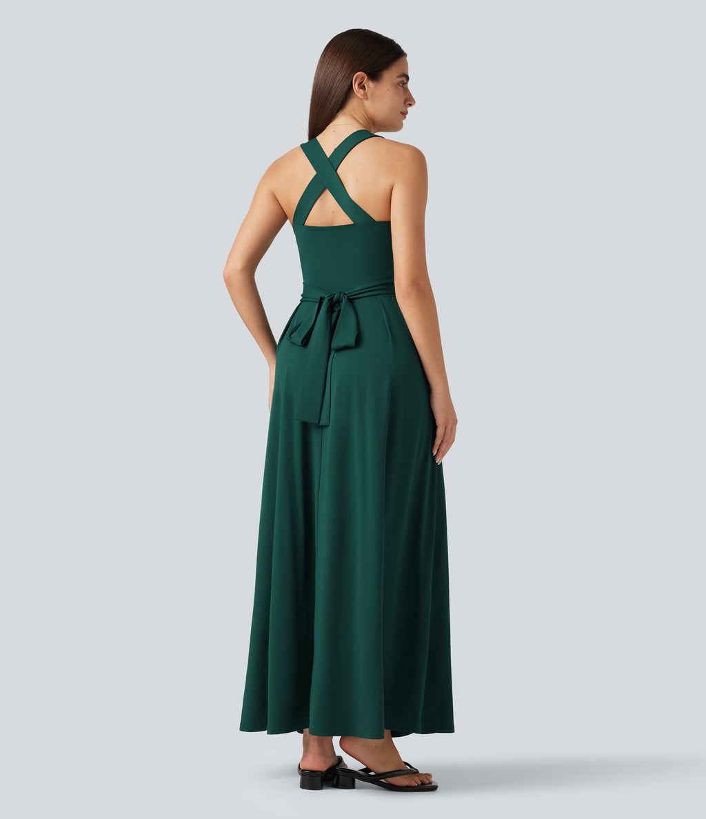 Sweetheart Neck Sleeveless Crisscross Tie-back Maxi Casual Flowy Dress with Pockets — Rain Forest — view 3