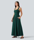 Sweetheart Neck Sleeveless Crisscross Tie-back Maxi Casual Flowy Dress with Pockets — Rain Forest — view 4