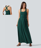 Sweetheart Neck Sleeveless Crisscross Tie-back Maxi Casual Flowy Dress with Pockets — Rain Forest — view 1