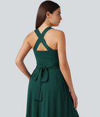 Sweetheart Neck Sleeveless Crisscross Tie-back Maxi Casual Flowy Dress with Pockets — Rain Forest — view 5