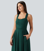 Sweetheart Neck Sleeveless Crisscross Tie-back Maxi Casual Flowy Dress with Pockets — Rain Forest — view 6
