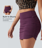 High Waisted Mesh Overlay Ruched Curved Hem 2-in-1 Mini Bodycon Party Skirt — Italian Plum — view 1
