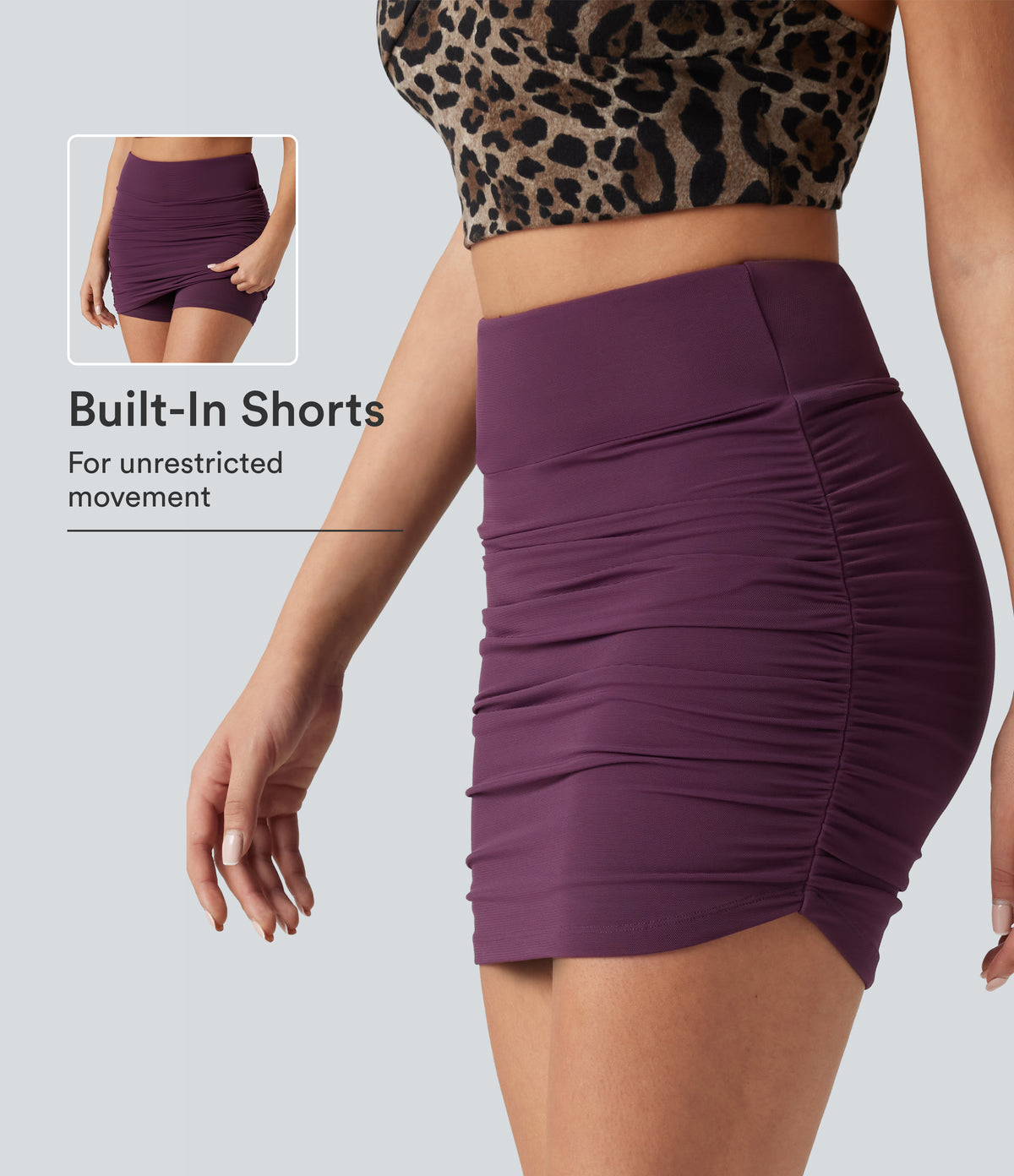 High Waisted Mesh Overlay Ruched Curved Hem 2-in-1 Mini Bodycon Party Skirt — Italian Plum — view 1