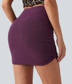 High Waisted Mesh Overlay Ruched Curved Hem 2-in-1 Mini Bodycon Party Skirt — Italian Plum — view 5