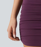 High Waisted Mesh Overlay Ruched Curved Hem 2-in-1 Mini Bodycon Party Skirt — Italian Plum — view 7