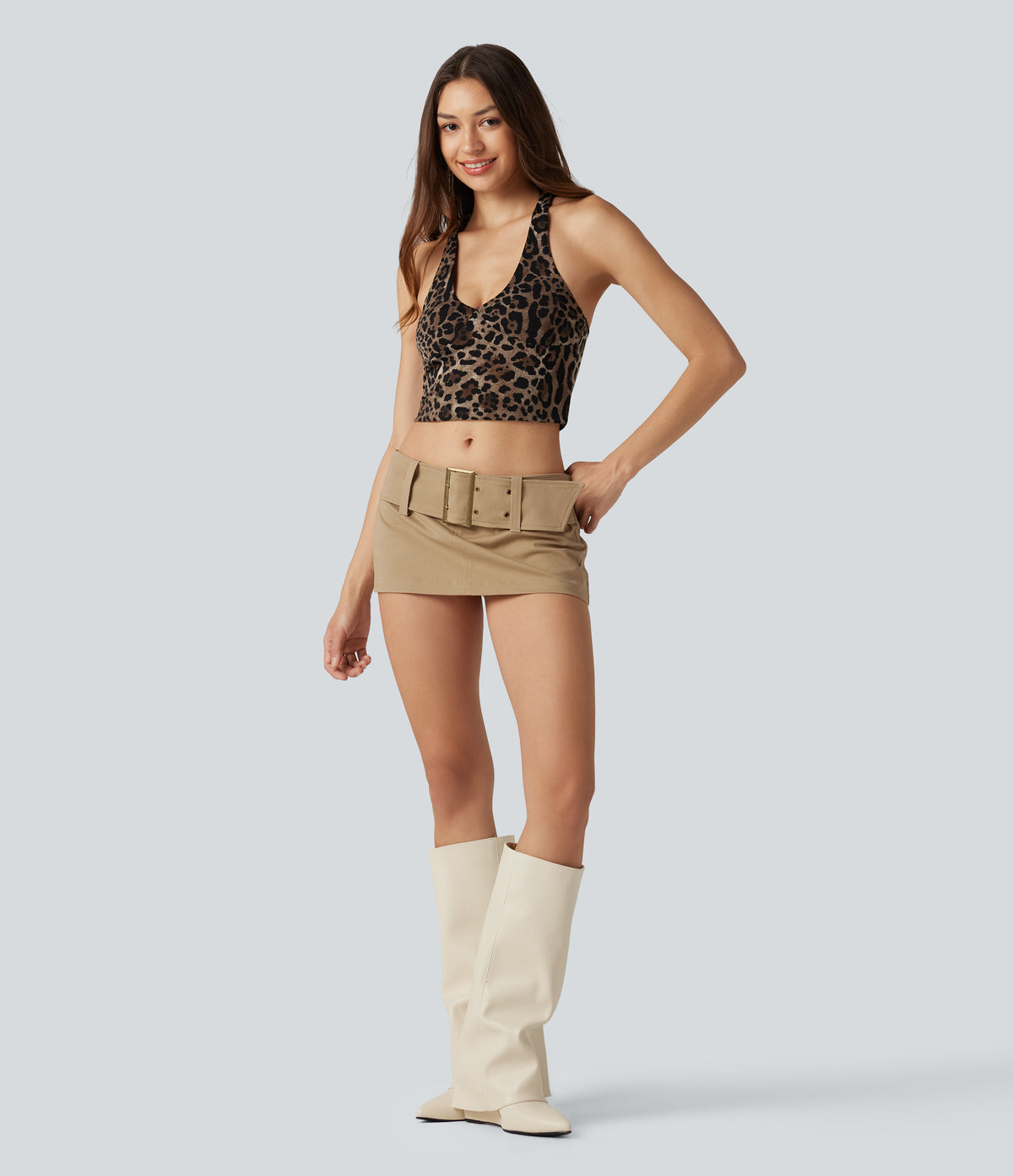 Super Low Rise Belted 2-in-1 Micro Casual Chino Cotton Skirt — Starfish — view 7