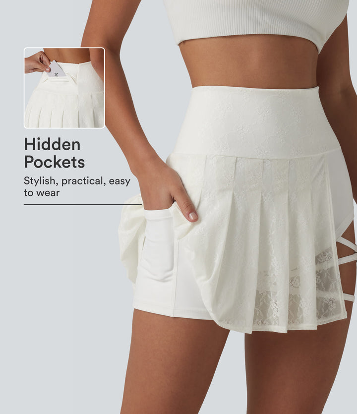 High Waisted Contrast Lace Pleated 2-in-1 Asymmetric Hem Mini Dance Skirt with Pockets — White — view 1