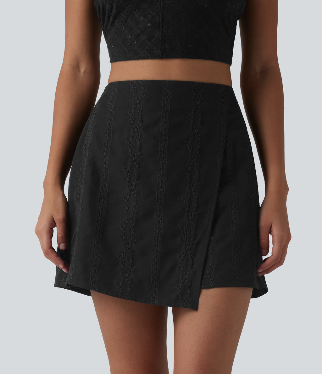 High Waisted Mini 2-in-1 Embroidery Resort A-line Skirt — Black — view 9