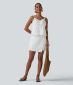 High Waisted Mini 2-in-1 Embroidery Resort A-line Skirt — White — view 8