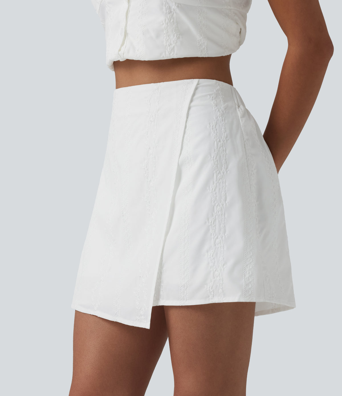 High Waisted Mini 2-in-1 Embroidery Resort A-line Skirt — White — view 3