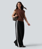 Wrinkle Recovery High Waisted Baggy Color Block Casual Linen-Feel Pants with Pockets — Black — view 7