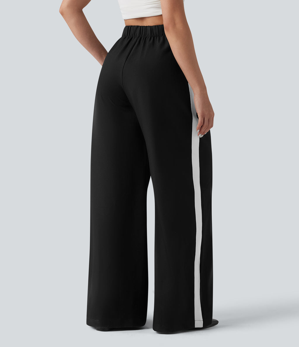 Wrinkle Recovery High Waisted Baggy Color Block Casual Linen-Feel Pants with Pockets — Black — view 3