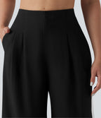 Wrinkle Recovery High Waisted Baggy Color Block Casual Linen-Feel Pants with Pockets — Black — view 6