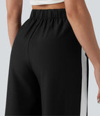 Wrinkle Recovery High Waisted Baggy Color Block Casual Linen-Feel Pants with Pockets — Black — view 5