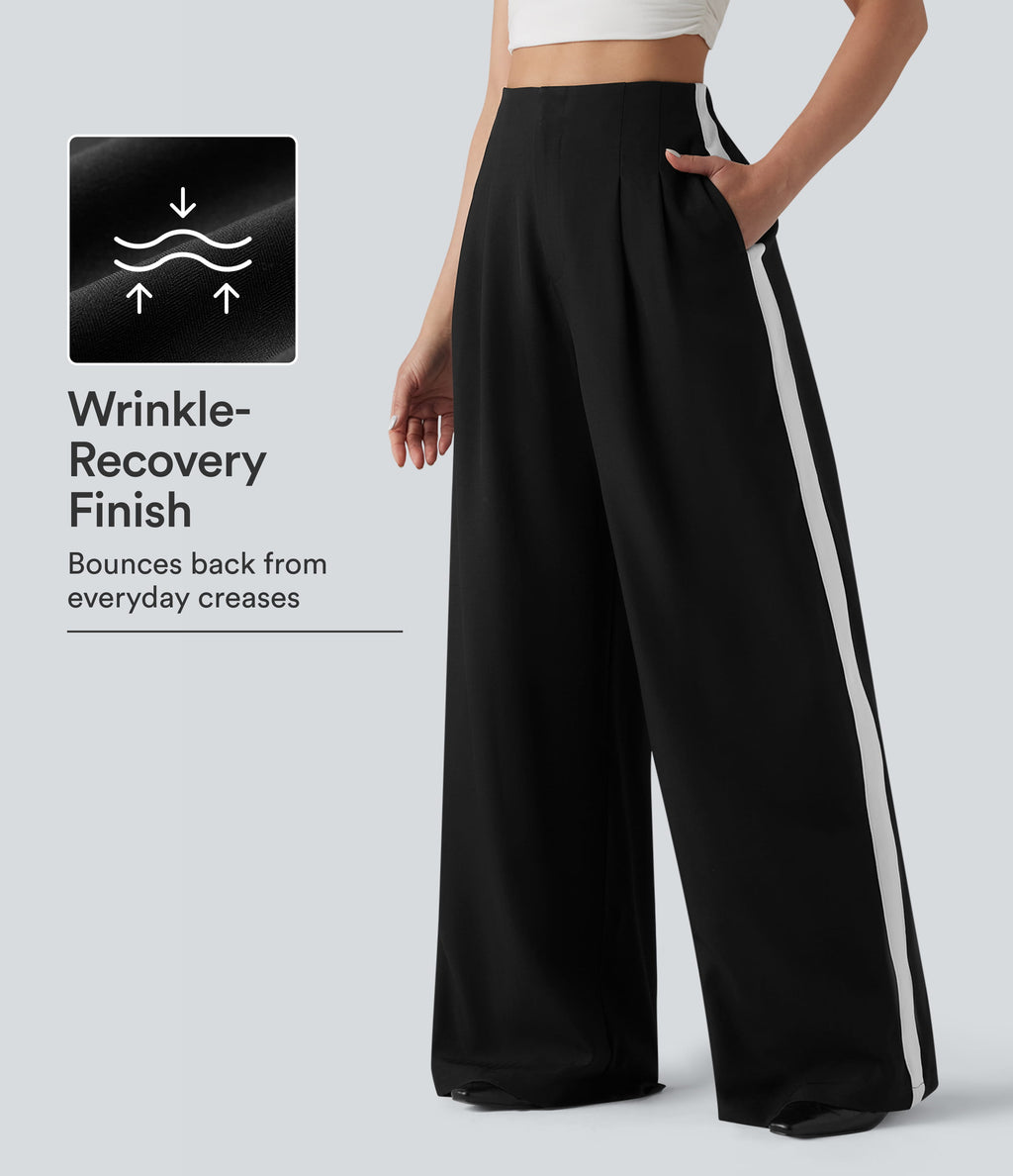 Wrinkle Recovery High Waisted Baggy Color Block Casual Linen-Feel Pants with Pockets — Black — view 1