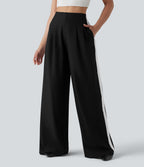 Wrinkle Recovery High Waisted Baggy Color Block Casual Linen-Feel Pants with Pockets — Black — view 4