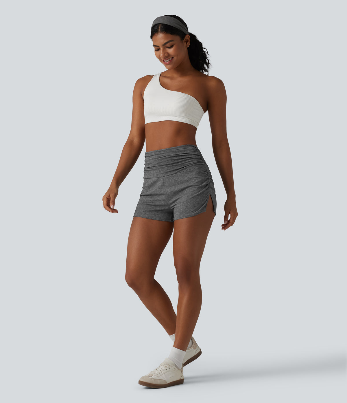 High Waisted Ruched Built-in Underwear Casual Shorts 2.5'' — Darl Gray Floral Yarn — view 6