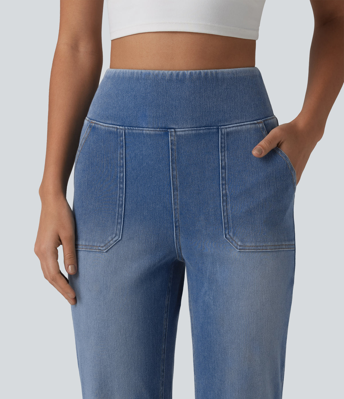 High Waisted Tummy Control Bootcut Casual Jeans with Pockets — Vallarta Blue Denim — view 5