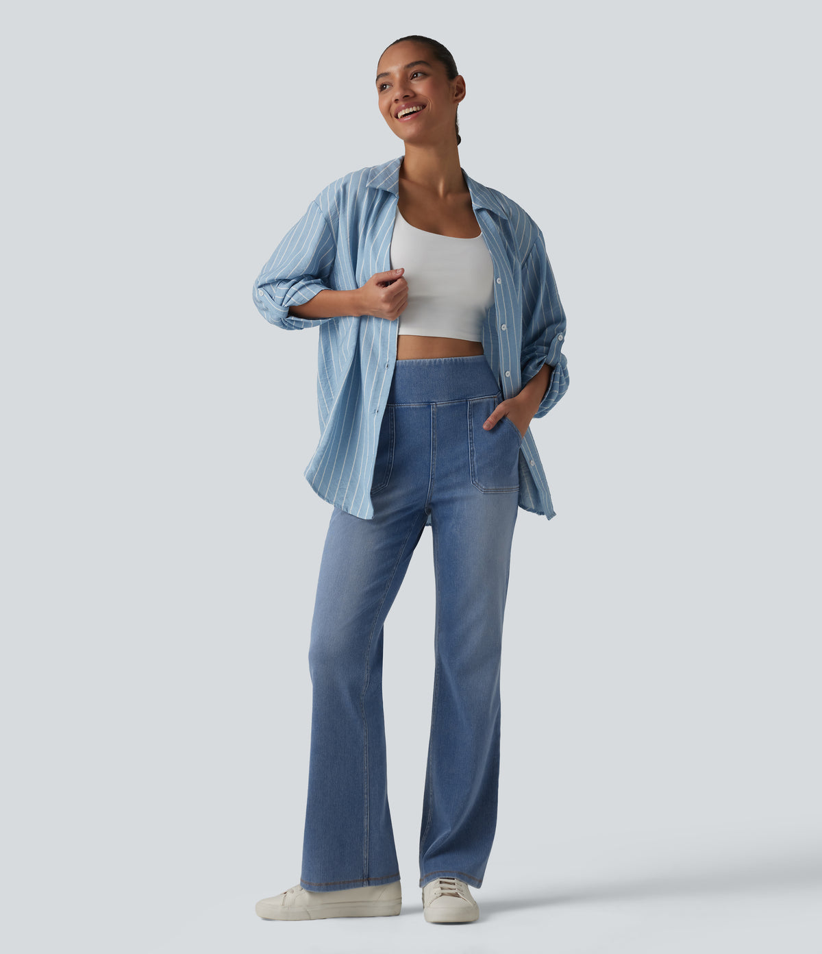 High Waisted Tummy Control Bootcut Casual Jeans with Pockets — Vallarta Blue Denim — view 6