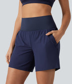 High Waisted 2-in-1 Quick Dry Yoga Shorts 7'' with Pockets — Patriot Blue — view 5