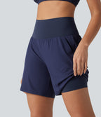 High Waisted 2-in-1 Quick Dry Yoga Shorts 7'' with Pockets — Patriot Blue — view 4