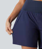 High Waisted 2-in-1 Quick Dry Yoga Shorts 7'' with Pockets — Patriot Blue — view 7