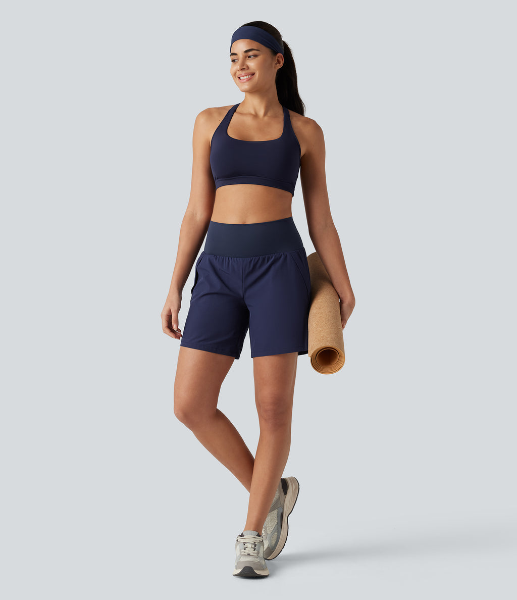 High Waisted 2-in-1 Quick Dry Yoga Shorts 7'' with Pockets — Patriot Blue — view 8