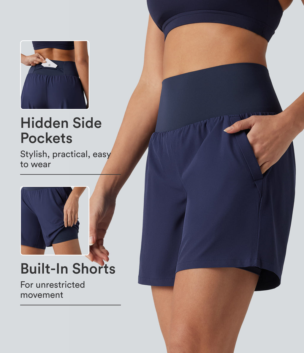 High Waisted 2-in-1 Quick Dry Yoga Shorts 7'' with Pockets — Patriot Blue — view 1