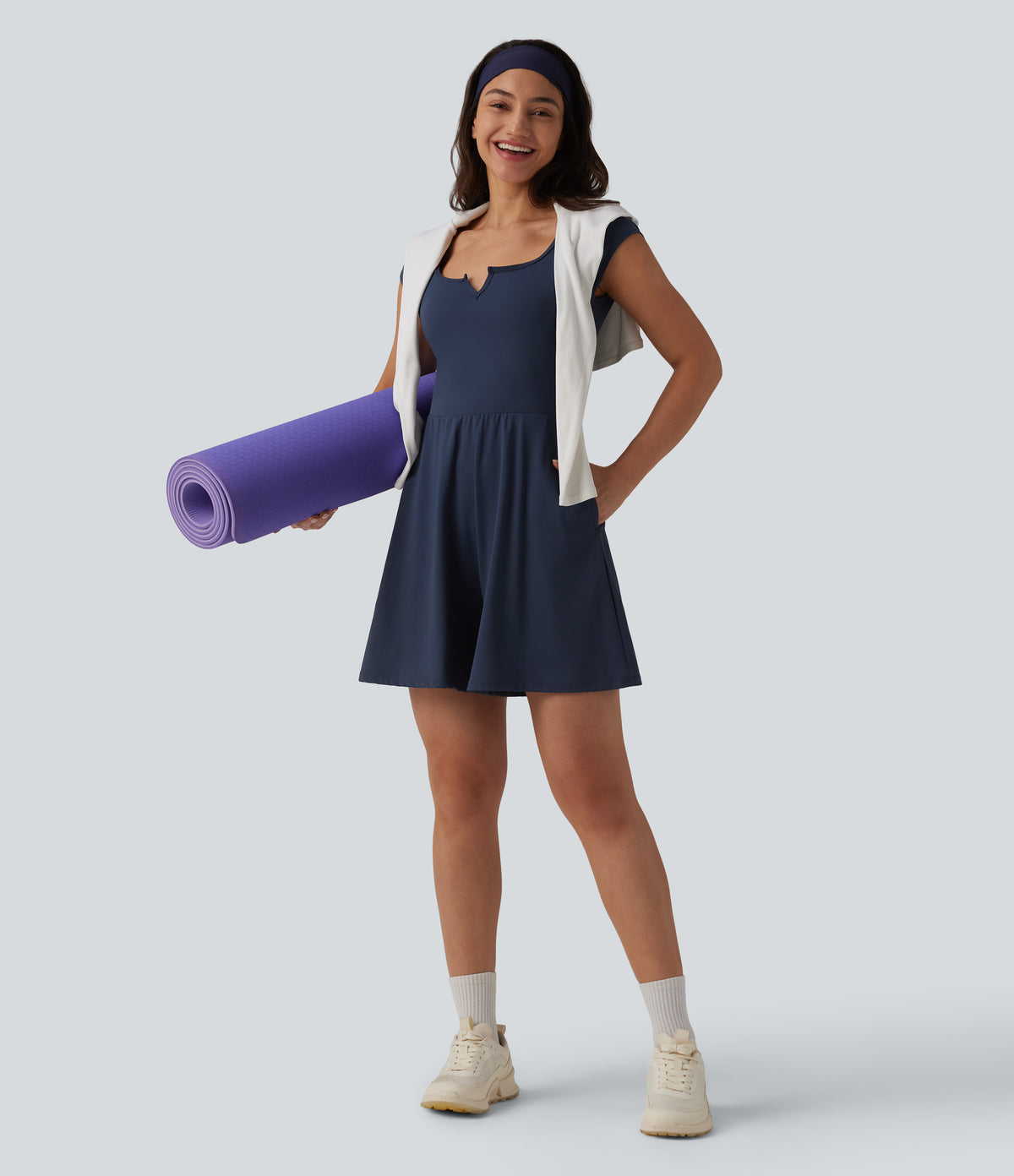 Airy Short Sleeve Wide Leg InstantCool Yoga Playsuit with Pockets-Edition — Mood Indigo — view 6