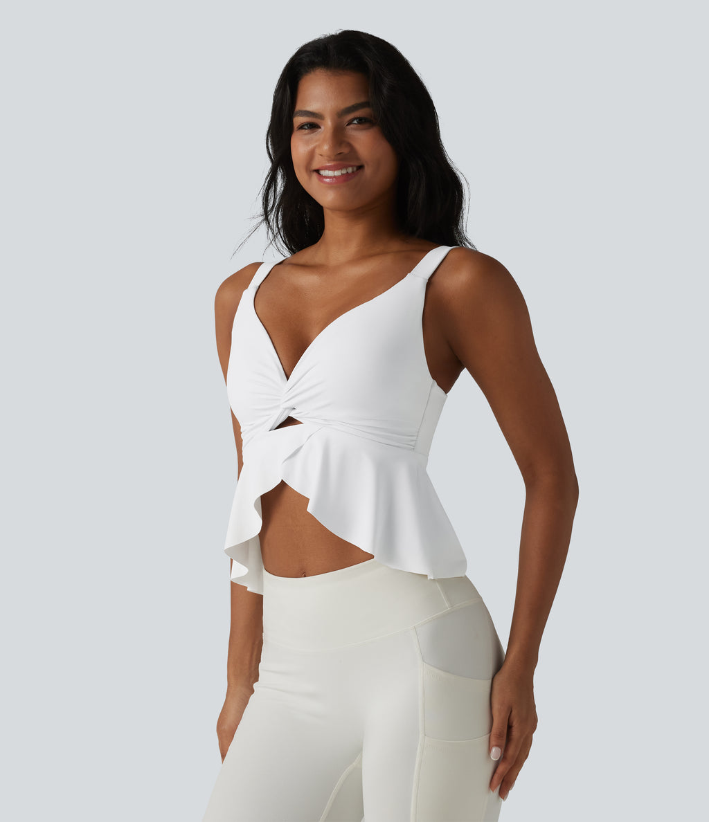 V Neck Push-Up Non-Removable Pad Ruffle Hem Yoga Tank Top — White — view 5