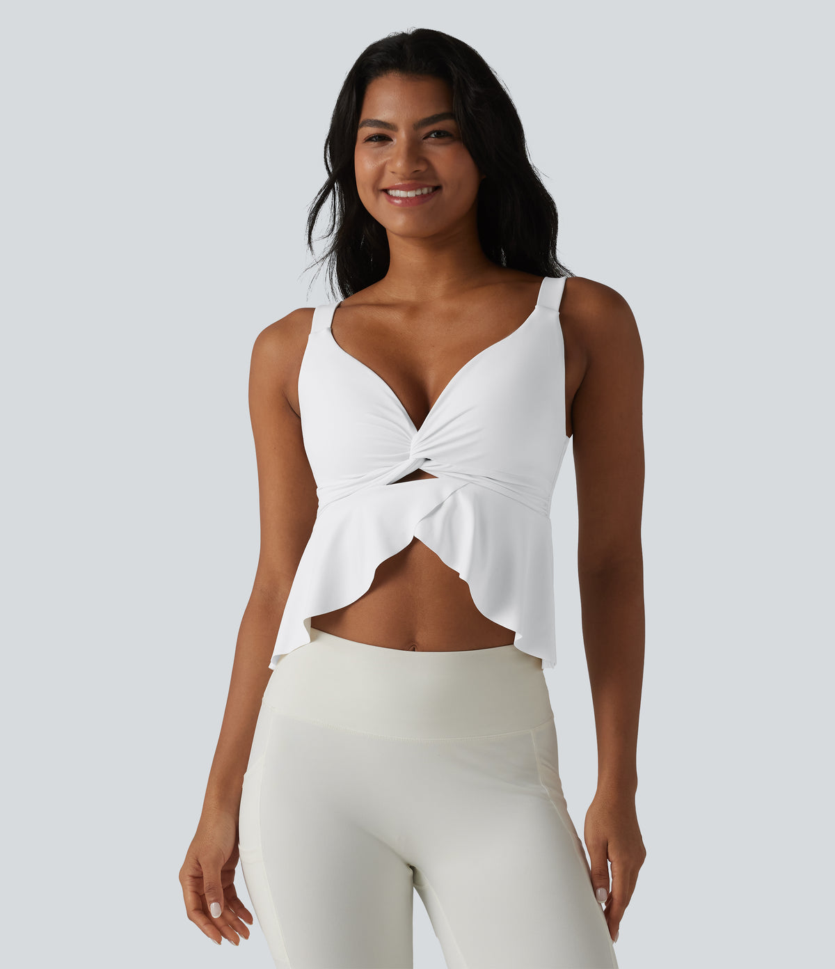 V Neck Push-Up Non-Removable Pad Ruffle Hem Yoga Tank Top — White — view 4