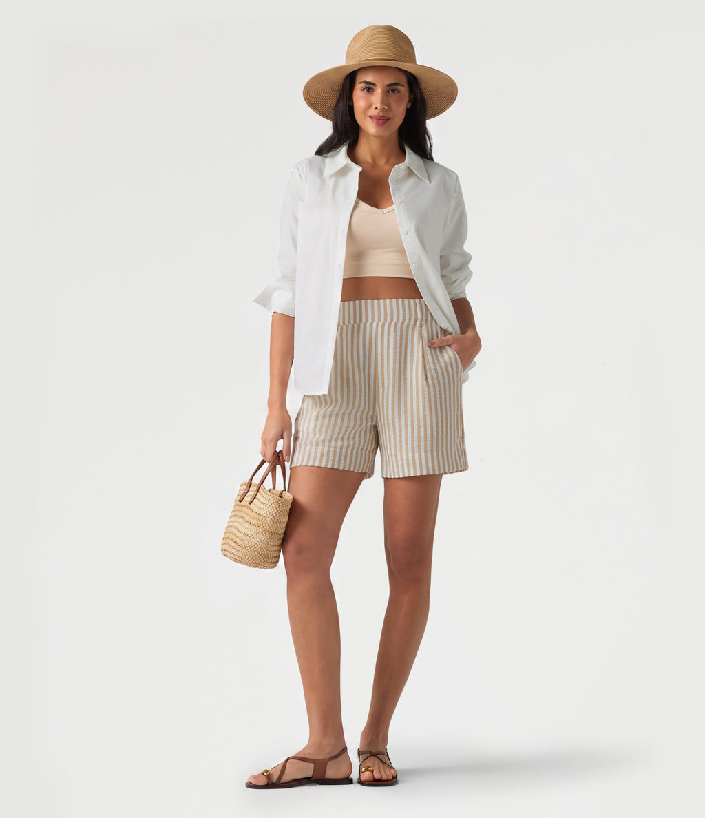 High Waisted Stripe Casual Linen-Feel Shorts with Pockets — Oatline — view 5
