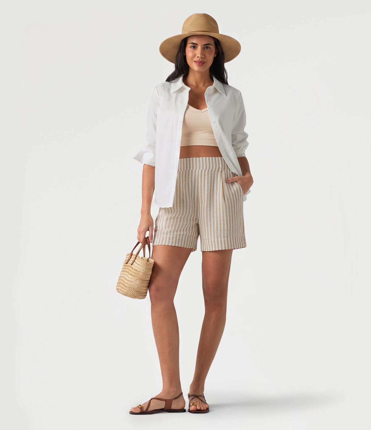 High Waisted Stripe Casual Linen-Feel Shorts with Pockets — Oatline — view 5
