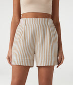 High Waisted Stripe Casual Linen-Feel Shorts with Pockets — Oatline — view 3