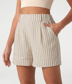 High Waisted Stripe Casual Linen-Feel Shorts with Pockets — Oatline — view 4