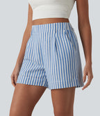 High Waisted Stripe Casual Linen-Feel Shorts with Pockets — Mediterranean Blue — view 6