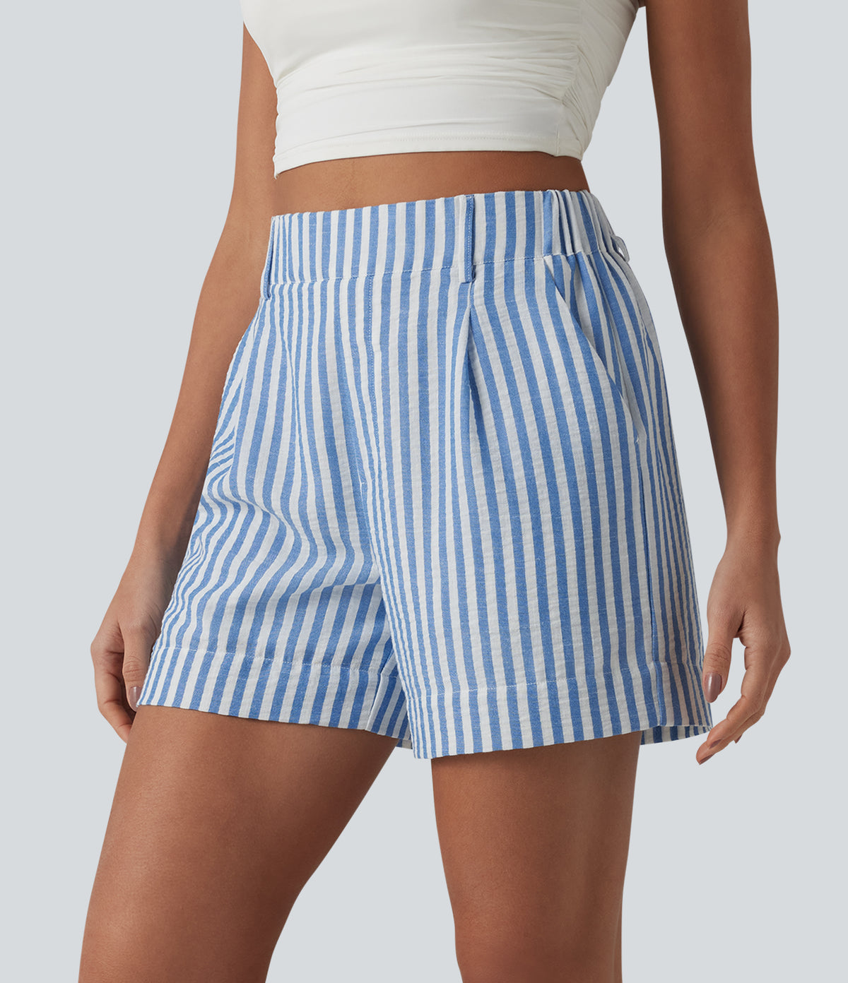 High Waisted Stripe Casual Linen-Feel Shorts with Pockets — Mediterranean Blue — view 6