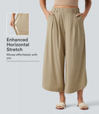 High Waisted Wide Leg Curved Hem Cropped Casual Stretch Linen Trousers with Pockets — Oatfield Cream — view 1