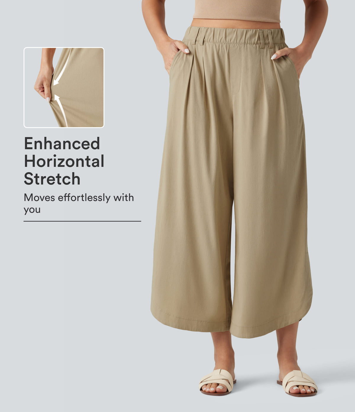 High Waisted Wide Leg Curved Hem Cropped Casual Stretch Linen Trousers with Pockets — Oatfield Cream — view 1