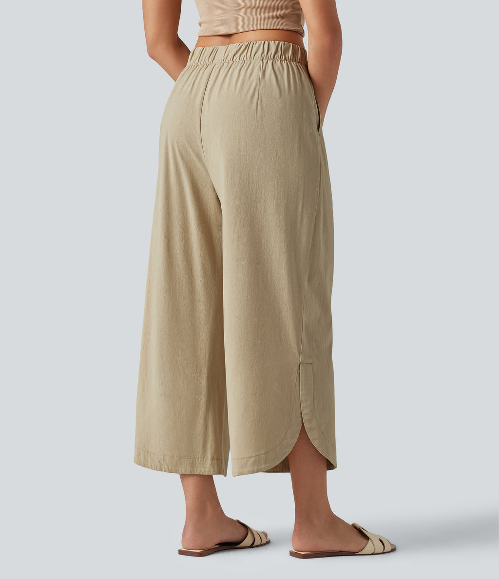 High Waisted Wide Leg Curved Hem Cropped Casual Stretch Linen Trousers with Pockets — Oatfield Cream — view 2