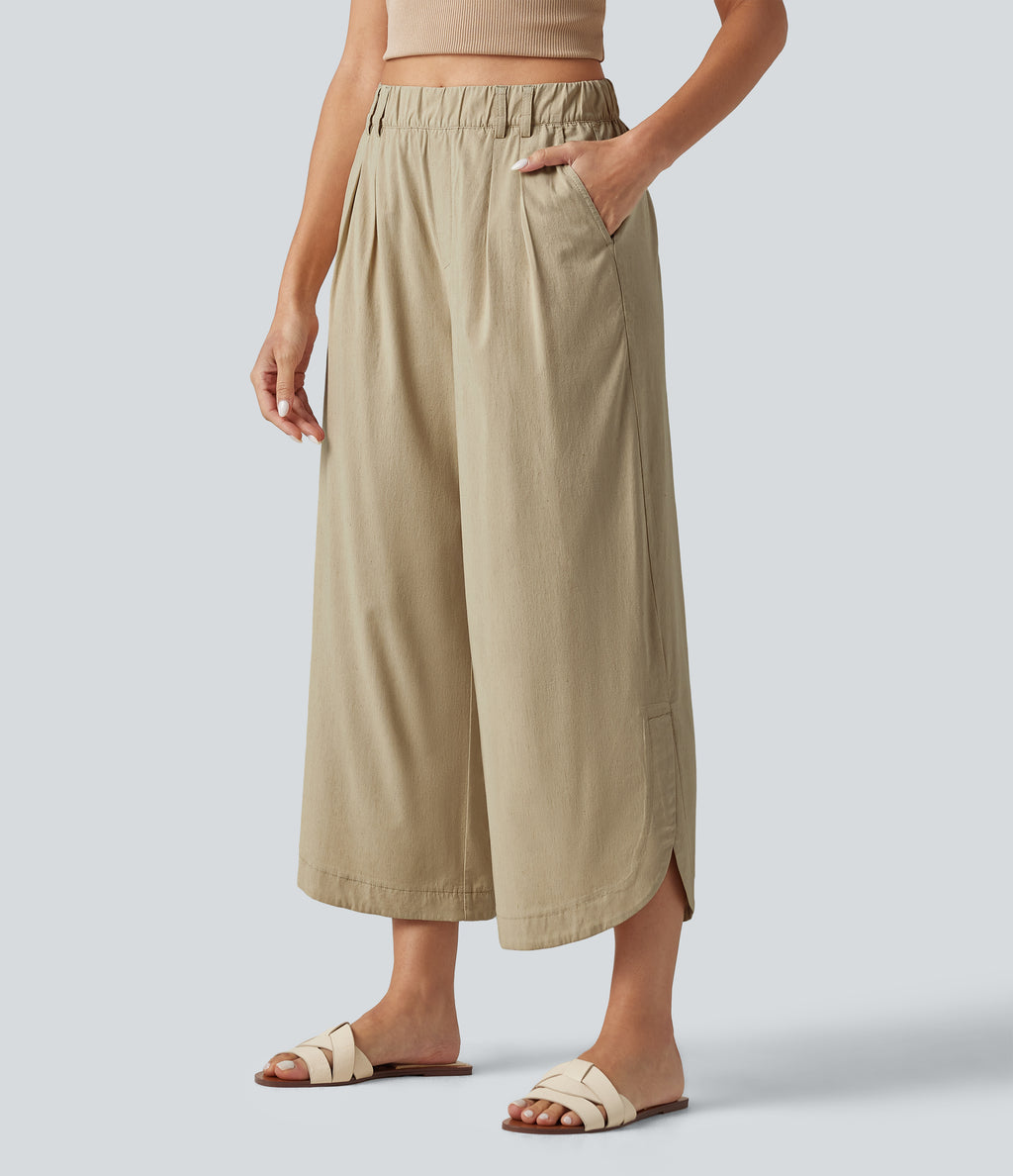 High Waisted Wide Leg Curved Hem Cropped Casual Stretch Linen Trousers with Pockets — Oatfield Cream — view 3